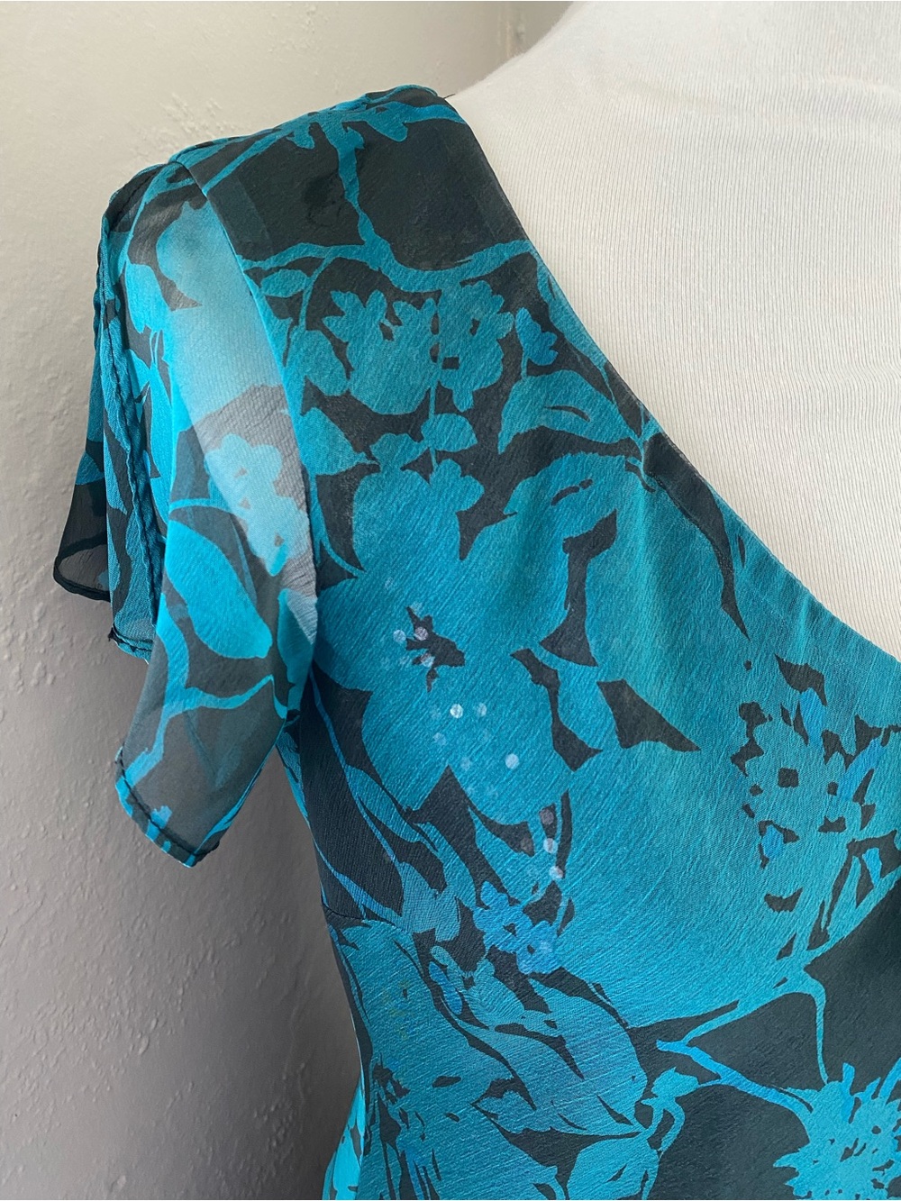 Vtg Whimsigoth Teal Black Floral Sequin Lined MIDI Dress Grunge Fairy Wedding 10 - Picture 2 of 11
